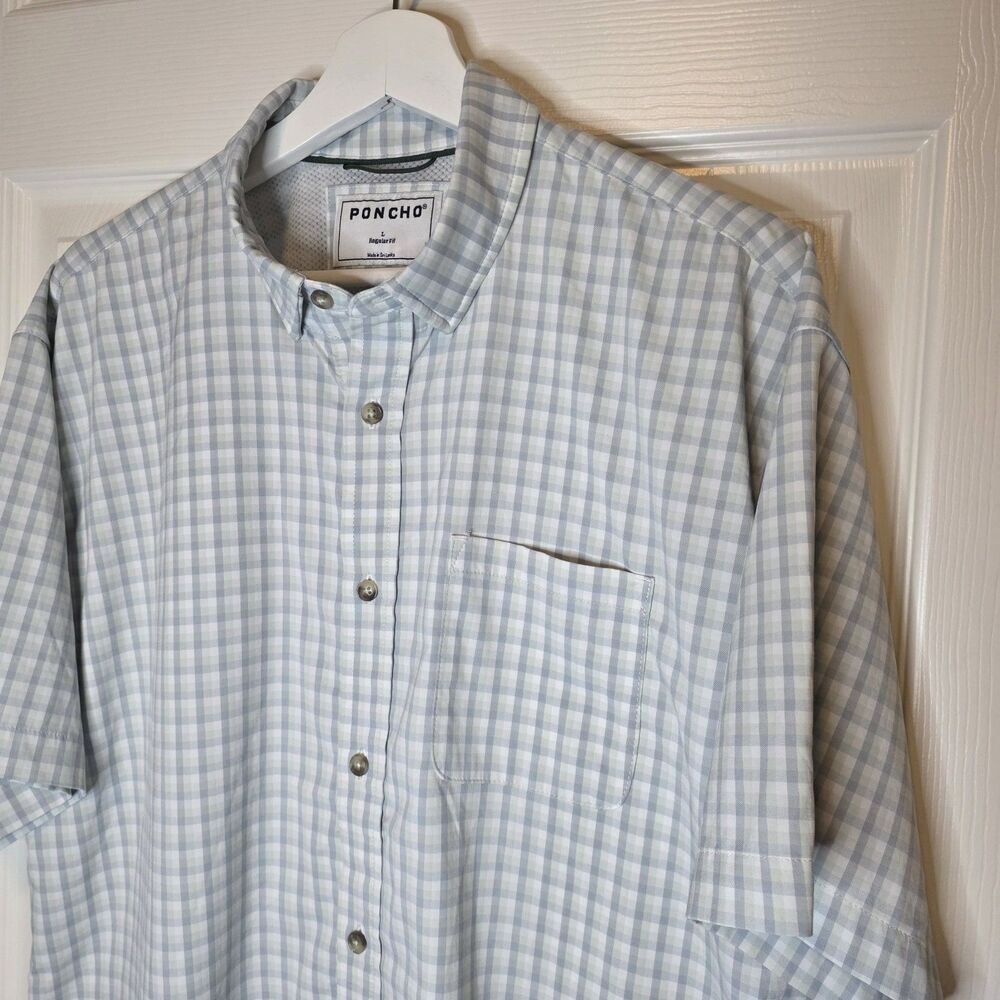 PONCHO Shirt Mens Large Green White Gingham Short Sleeve Regular Fit Performance